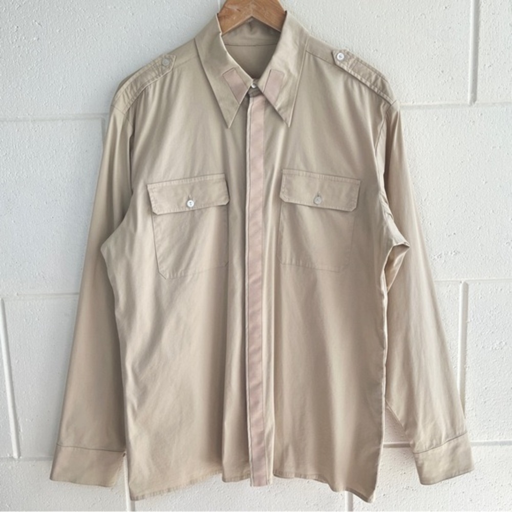 Zambesi Designer Mens Button Up Shirt Large Collar Army Military Style Tan